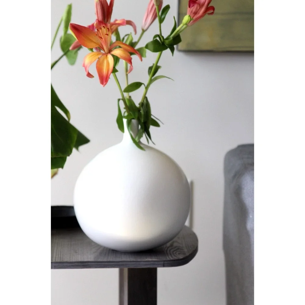 Large Textured‎ Round Ceramic Vase White 10.5
